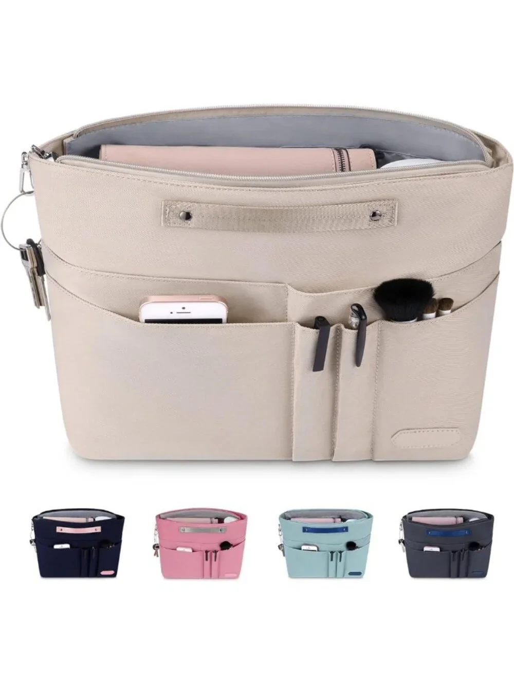 Zippered Handbag Organizer Insert with 15 Pockets for Tote Bags & Purses